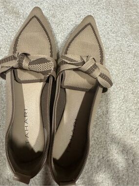 Tahari Neutral Knit Pointed-Toe Knot Flats in Beige and Brown